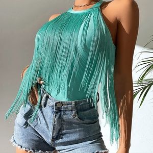 NWOT FashionNova Country Fringe Teal Top sz. L